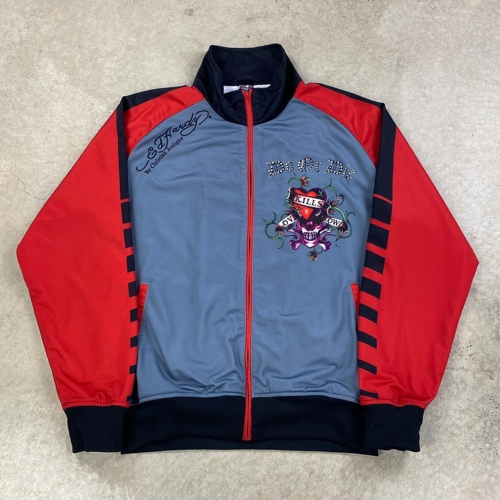 Vintage Y2K Ed Hardy Jacket Size XXL Gray Red Full Zip Christian Audigier Skull